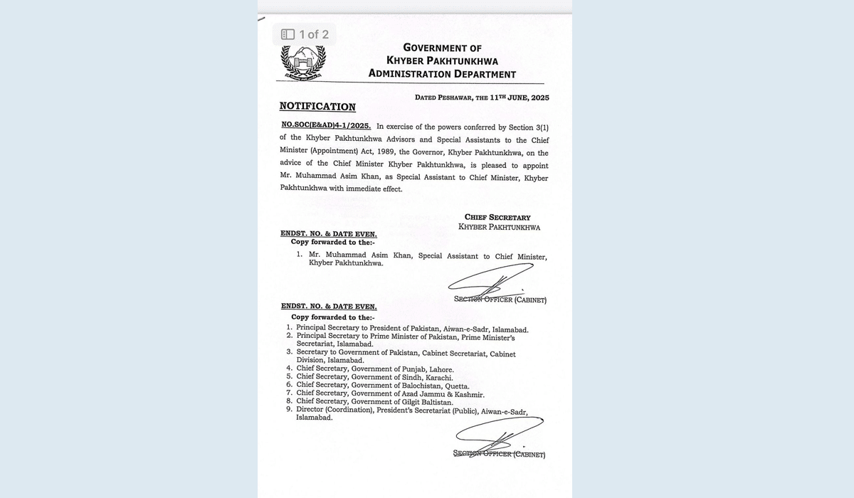 Former nazim Peshawar Asim Khan appointed special assistant to CM KP
