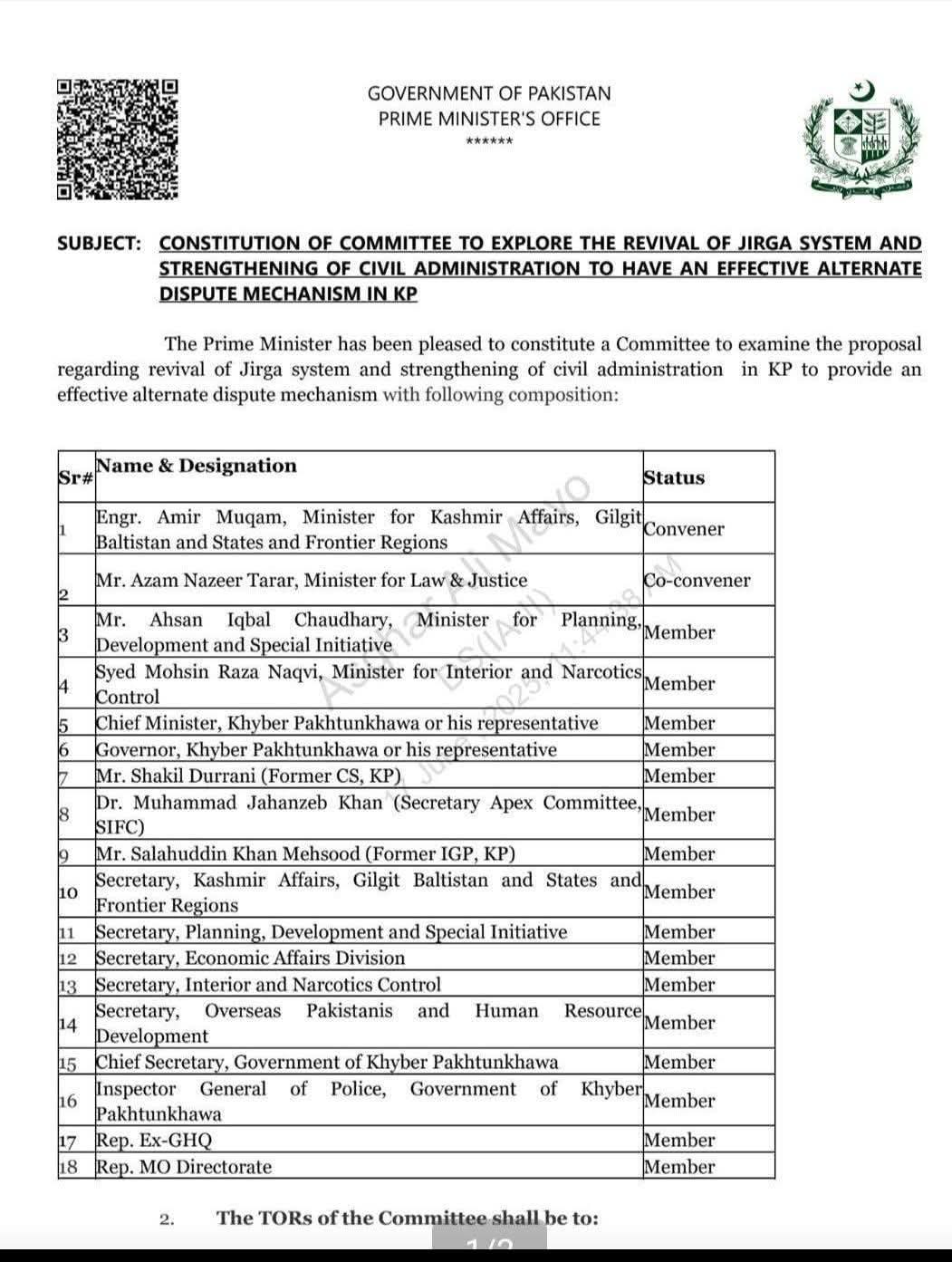 PM forms high-powered committee to restore Jirga system in KP