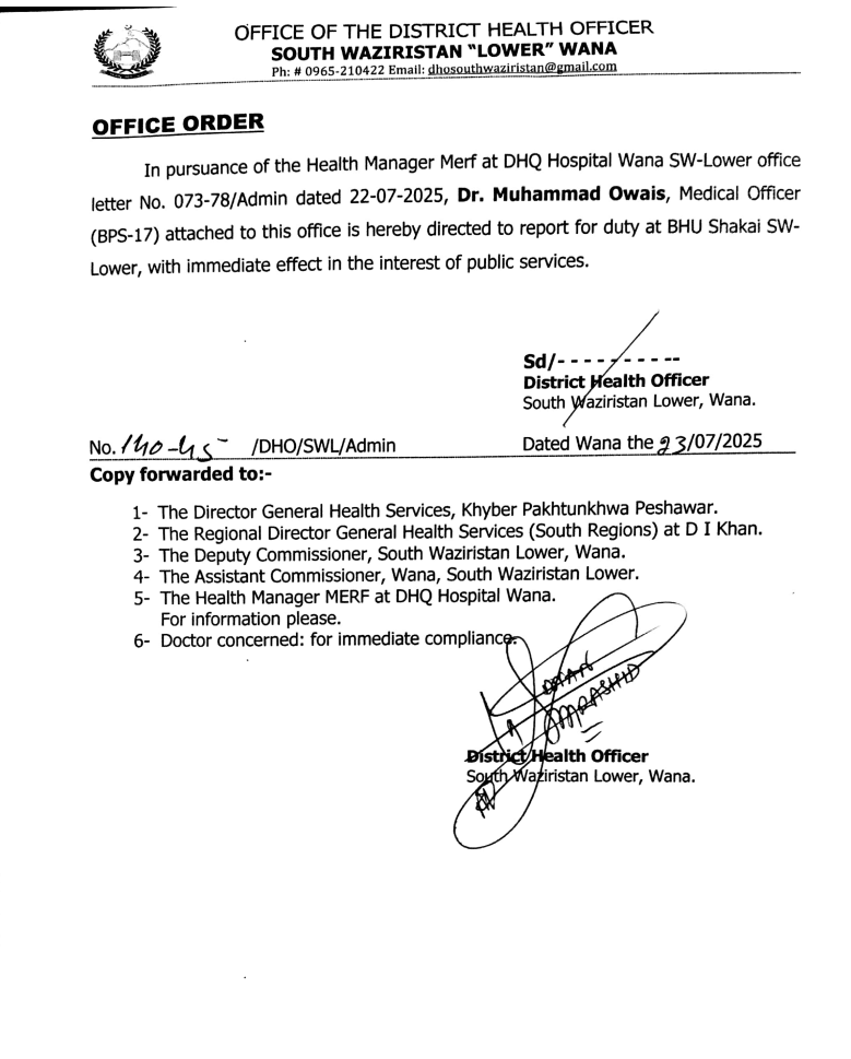 District Health Officer (DHO) Dr. Adnan Dawar confirmed the appointments, stating that Dr. Owais Wazir will join the already-serving Dr. Nadir at the Shekai BHU. The move aims to provide better medical care to locals without forcing them to travel long distances for treatment.