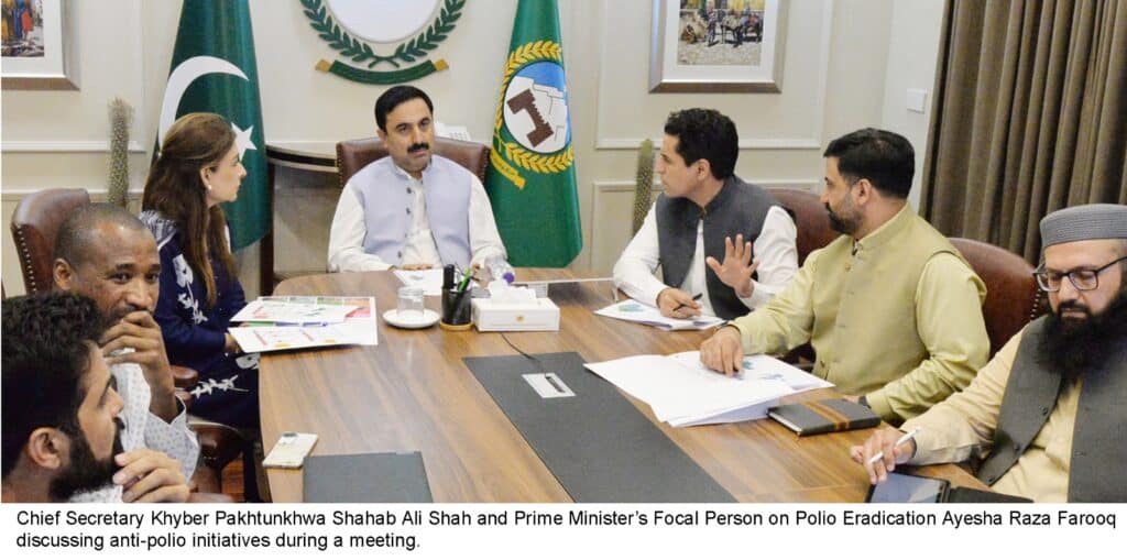 Prime Minister's Focal Person for Polio Eradication, Ayesha Raza Farooq, met with Khyber Pakhtunkhwa Chief Secretary Shahab Ali Shah on Wednesday to review anti-polio measures in the province. The meeting, held at the Chief Secretary's Office, was attended by officials from National and Provincial Emergency Operations Centers.